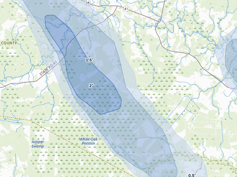 NEXRAD radar-signature map of the hail storm over Trenton, NC on Jul 8, 2026