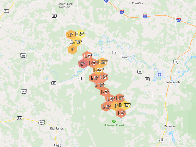 Hail map of Trenton, NC on Jul 8, 2026, hail up to 2"
