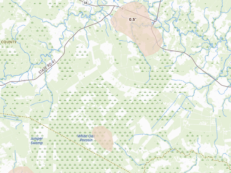 Radar-estimated hail-size map of the storm over Trenton, NC on Jul 20, 2026