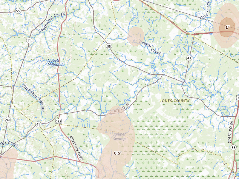 Radar-estimated hail-size map of the storm over Trenton, NC on Aug 21, 2026
