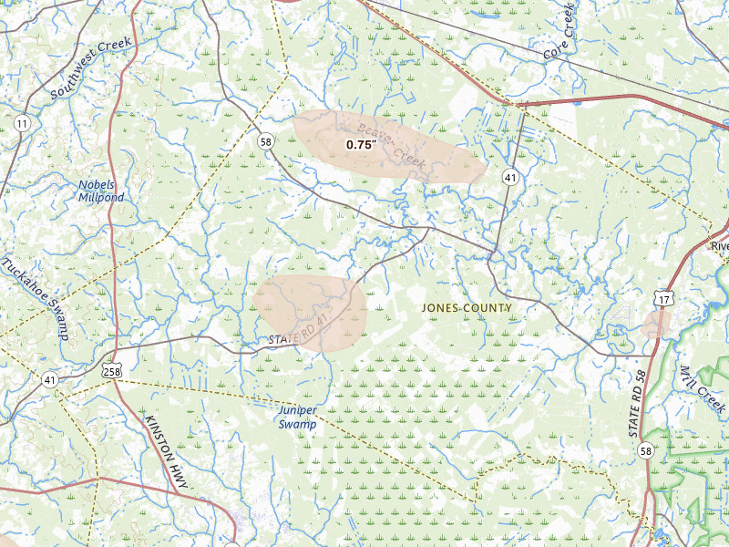 Radar-estimated hail-size map of the storm over Trenton, NC on Aug 24, 2026