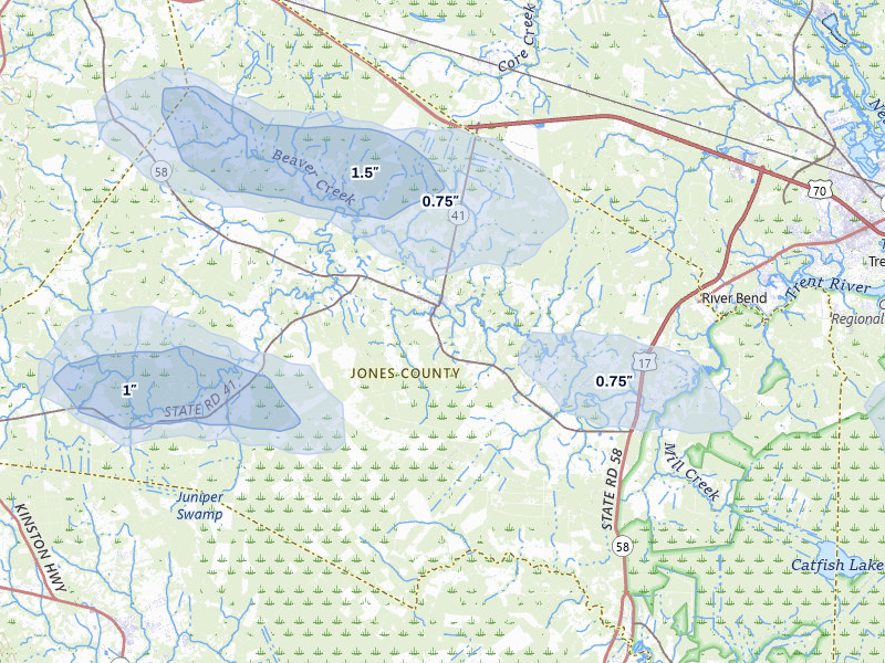 NEXRAD radar-signature map of the hail storm over Trenton, NC on Aug 24, 2026