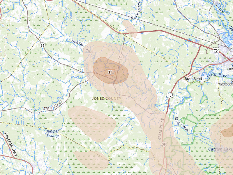 Radar-estimated hail-size map of the storm over Trenton, NC on Sep 5, 2026