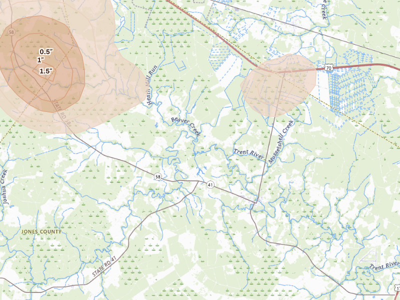 Radar-estimated hail-size map of the storm over Trenton, NC on Sep 11, 2026