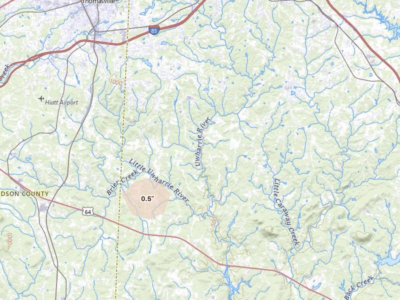 Radar-estimated hail-size map of the storm over Trinity, NC on Jul 6, 2026