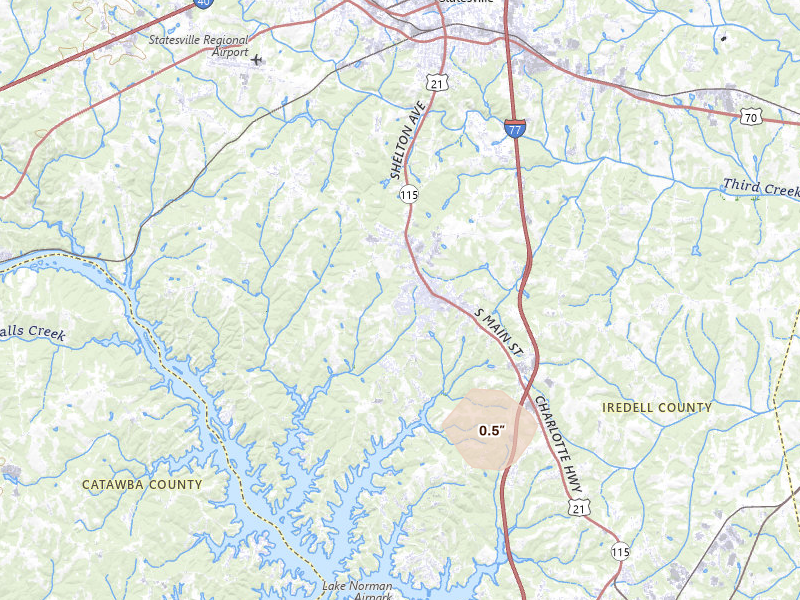 Radar-estimated hail-size map of the storm over Troutman, NC on Aug 28, 2026