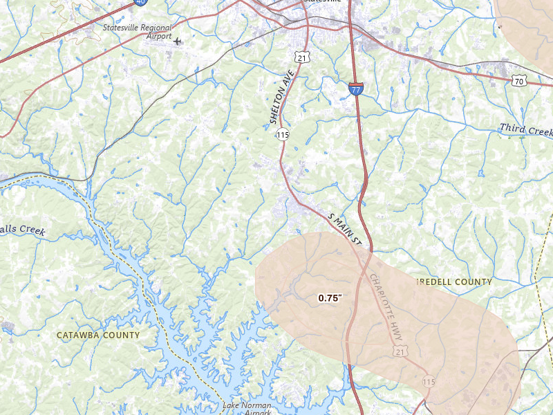 Radar-estimated hail-size map of the storm over Troutman, NC on Sep 5, 2026