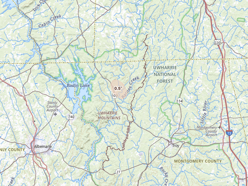 Radar-estimated hail-size map of the storm over Troy, NC on Aug 15, 2026