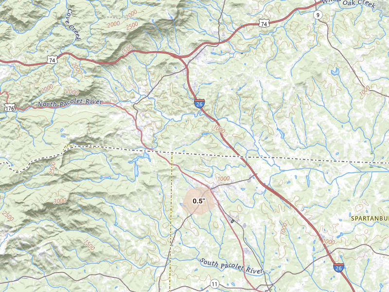 Radar-estimated hail-size map of the storm over Tryon, NC on Aug 8, 2026
