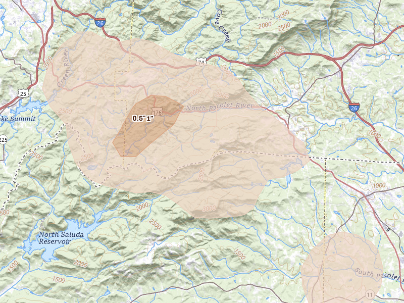 Radar-estimated hail-size map of the storm over Tryon, NC on Aug 20, 2026