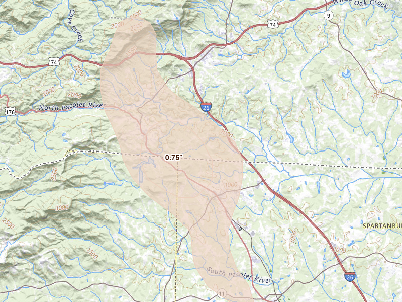 Radar-estimated hail-size map of the storm over Tryon, NC on Sep 5, 2026