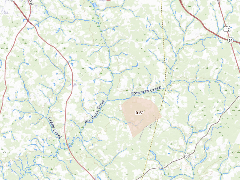 Radar-estimated hail-size map of the storm over Turkey, NC on Jun 28, 2026