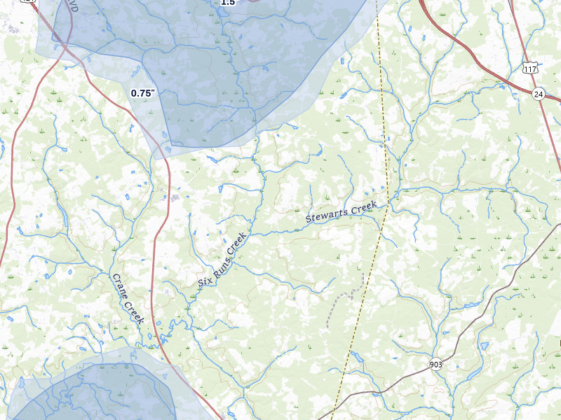 NEXRAD radar-signature map of the hail storm over Turkey, NC on Jul 5, 2026