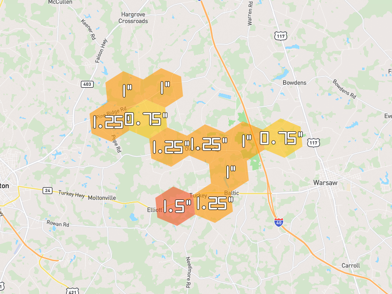Hail map of Turkey, NC on Jul 5, 2026, hail up to 1.5"