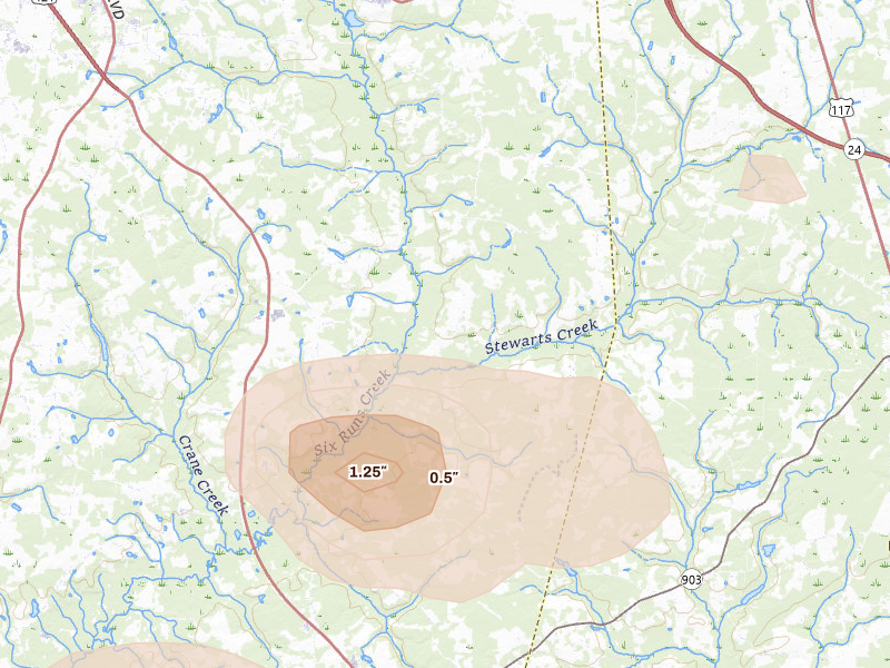Radar-estimated hail-size map of the storm over Turkey, NC on Jul 8, 2026