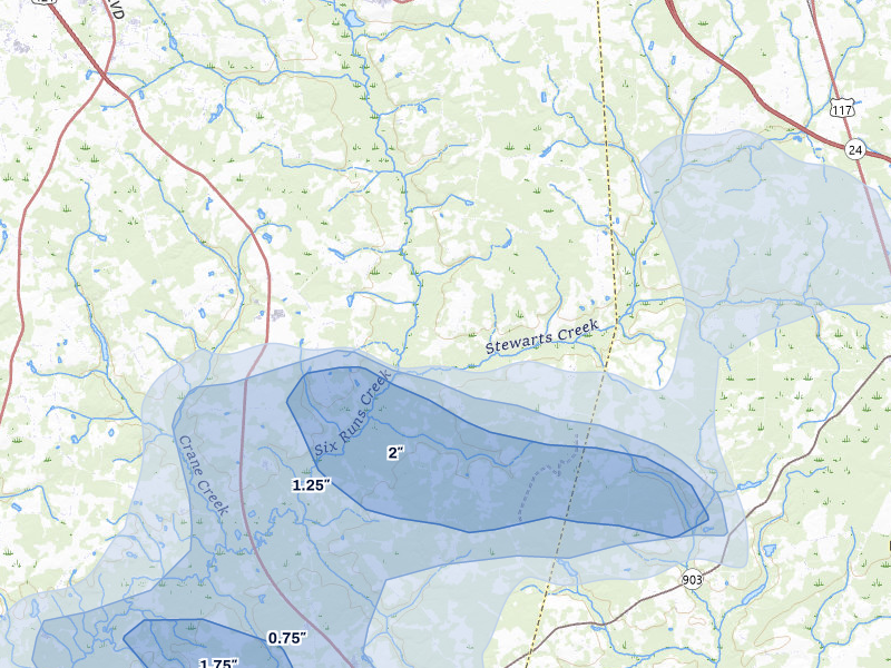 NEXRAD radar-signature map of the hail storm over Turkey, NC on Jul 8, 2026