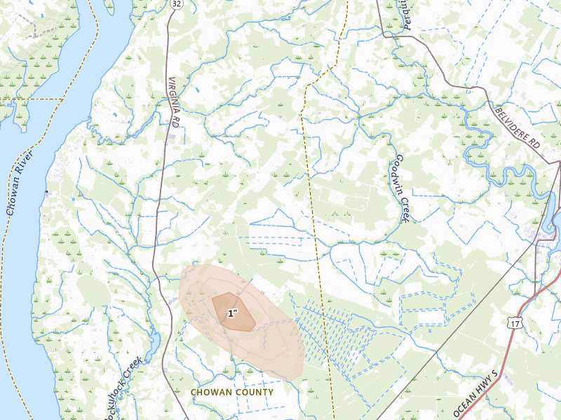 Radar-estimated hail-size map of the storm over Tyner, NC on May 19, 2026