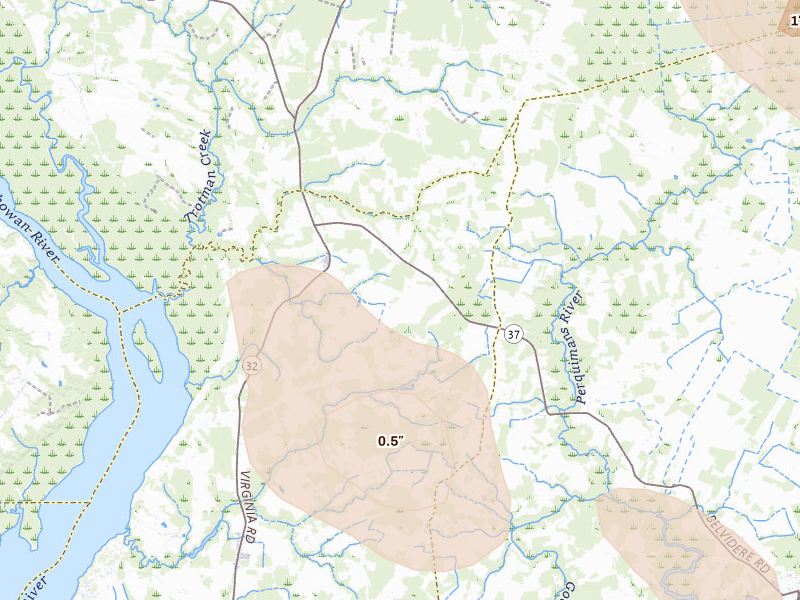 Radar-estimated hail-size map of the storm over Tyner, NC