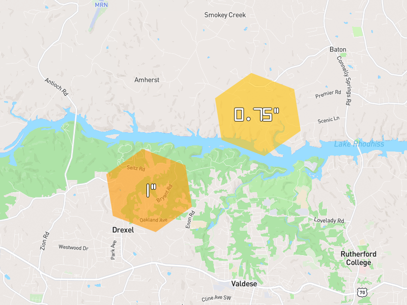 Hail map of Valdese, NC on Jun 27, 2026, hail up to 1"