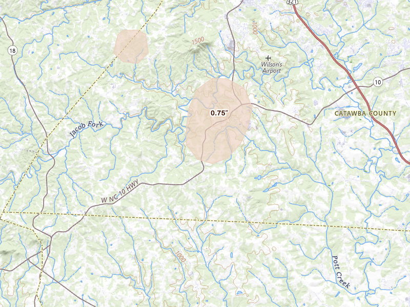 Radar-estimated hail-size map of the storm over Vale, NC on Jul 19, 2026