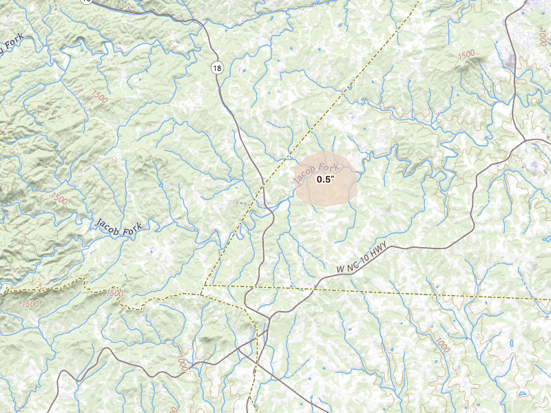 Radar-estimated hail-size map of the storm over Vale, NC on Aug 8, 2026