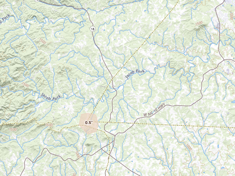 Radar-estimated hail-size map of the storm over Vale, NC on Aug 11, 2026