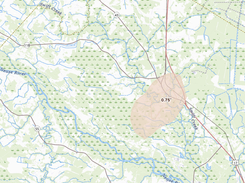 Radar-estimated hail-size map of the storm over Vanceboro, NC on Jun 26, 2026