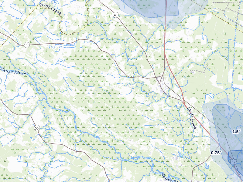 NEXRAD radar-signature map of the hail storm over Vanceboro, NC on Jul 8, 2026