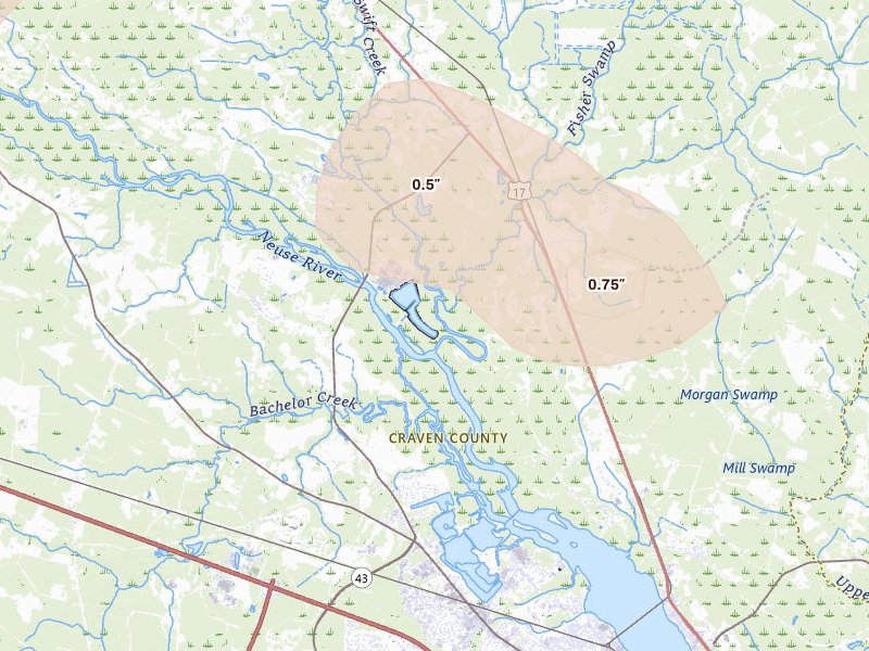 Radar-estimated hail-size map of the storm over Vanceboro, NC on Aug 20, 2026