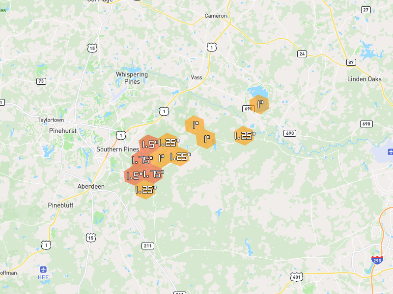 Hail map of Vass, NC on Jul 5, 2026, hail up to 1.75"