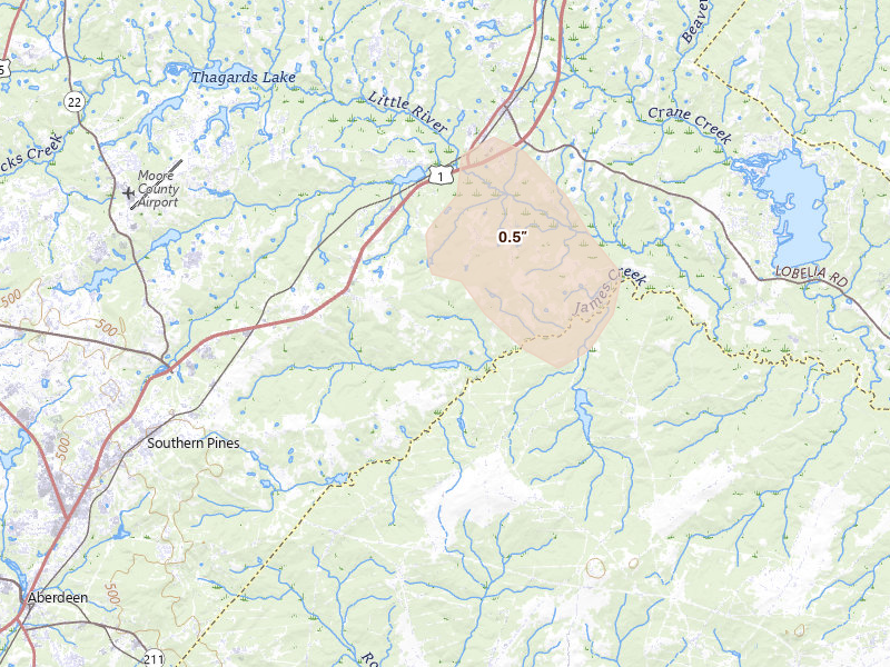 Radar-estimated hail-size map of the storm over Vass, NC on Aug 9, 2026