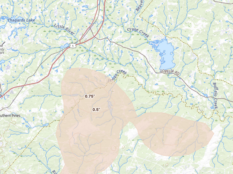 Radar-estimated hail-size map of the storm over Vass, NC on Aug 11, 2026