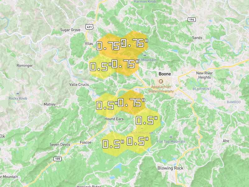 Hail map of Vilas, NC on Jun 30, 2026, hail up to 0.75"