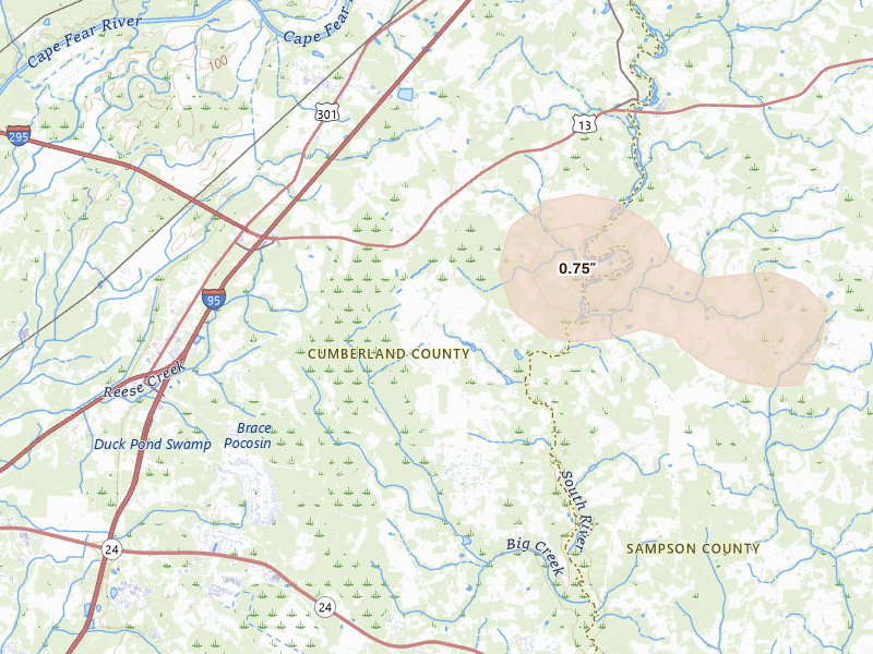Radar-estimated hail-size map of the storm over Wade, NC on Aug 20, 2026