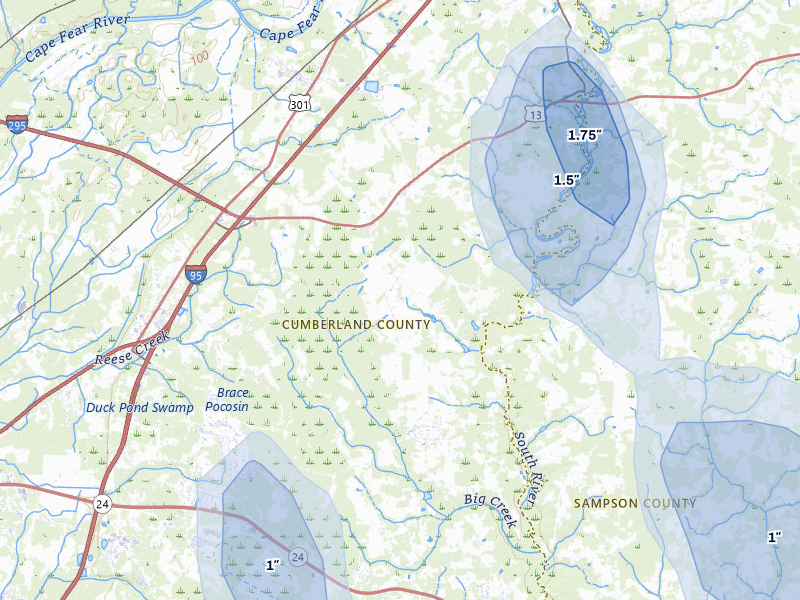 NEXRAD radar-signature map of the hail storm over Wade, NC on Aug 20, 2026