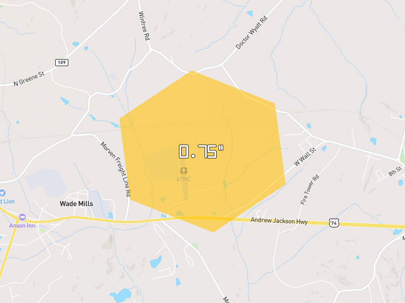 Hail map of Wadesboro, NC on Jul 5, 2026, hail up to 0.75"