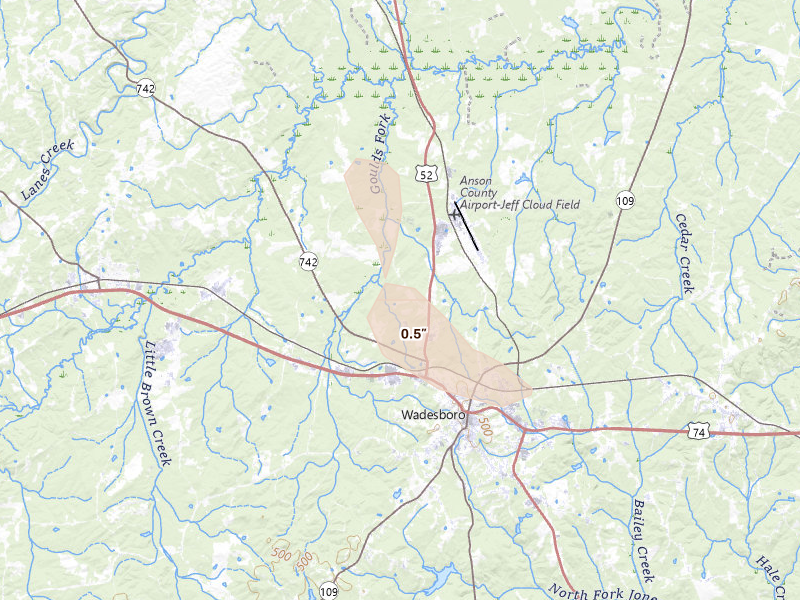 Radar-estimated hail-size map of the storm over Wadesboro, NC