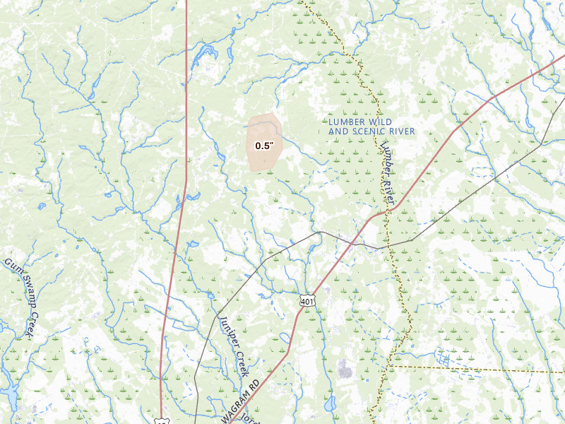 Radar-estimated hail-size map of the storm over Wagram, NC on Jul 19, 2026