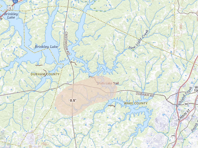 Radar-estimated hail-size map of the storm over Wake Forest, NC on Jun 27, 2026