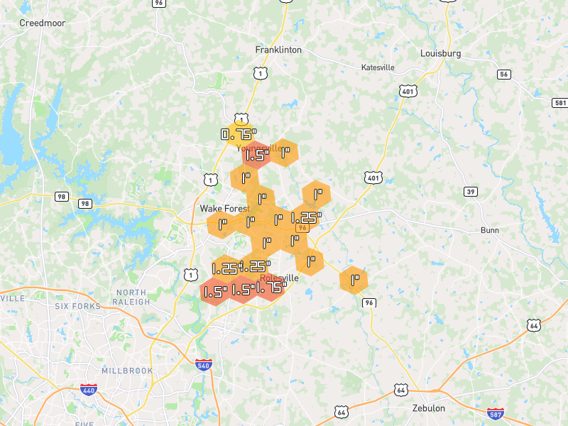 Hail map of Wake Forest, NC on Jul 8, 2026, hail up to 1.75"