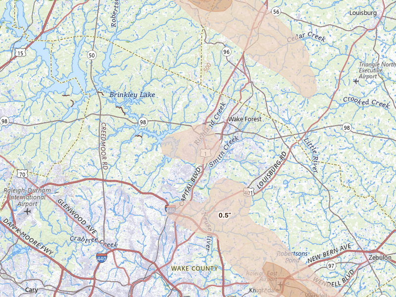 Radar-estimated hail-size map of the storm over Wake Forest, NC