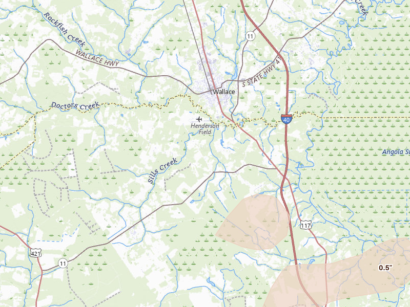 Radar-estimated hail-size map of the storm over Wallace, NC on Mar 8, 2026