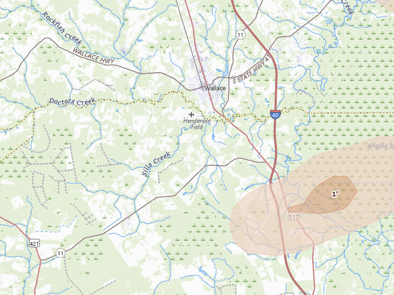 Radar-estimated hail-size map of the storm over Wallace, NC on Jun 14, 2026