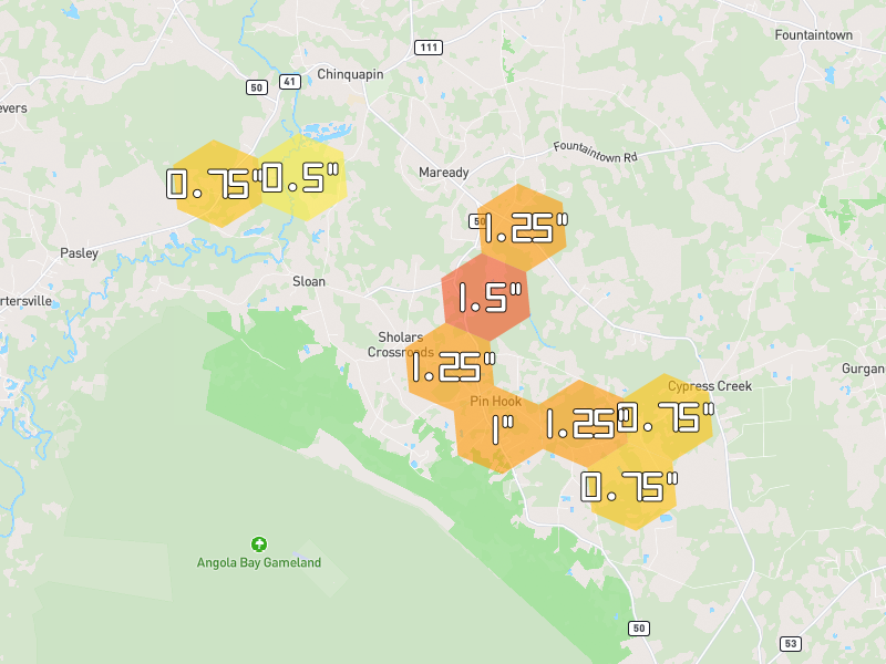 Hail map of Wallace, NC on Jul 8, 2026, hail up to 1.5"