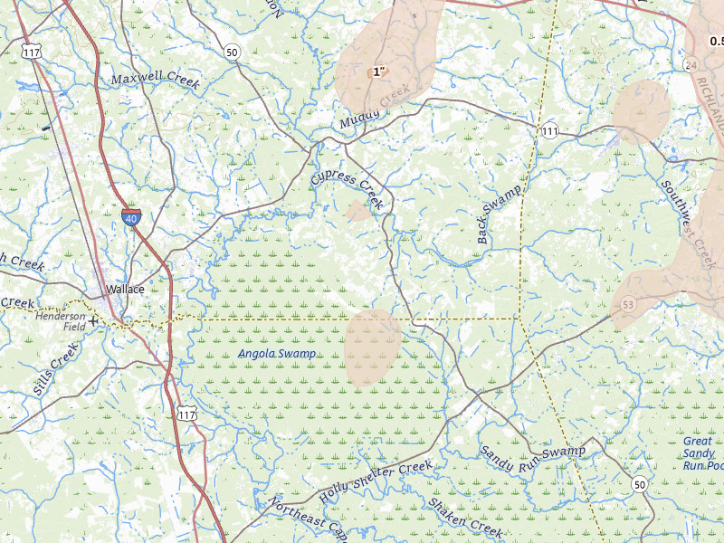 Radar-estimated hail-size map of the storm over Wallace, NC on Aug 21, 2026