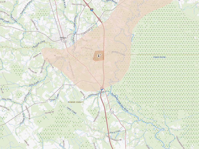 Radar-estimated hail-size map of the storm over Wallace, NC