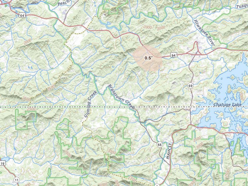 Radar-estimated hail-size map of the storm over Warne, NC on Jun 27, 2026