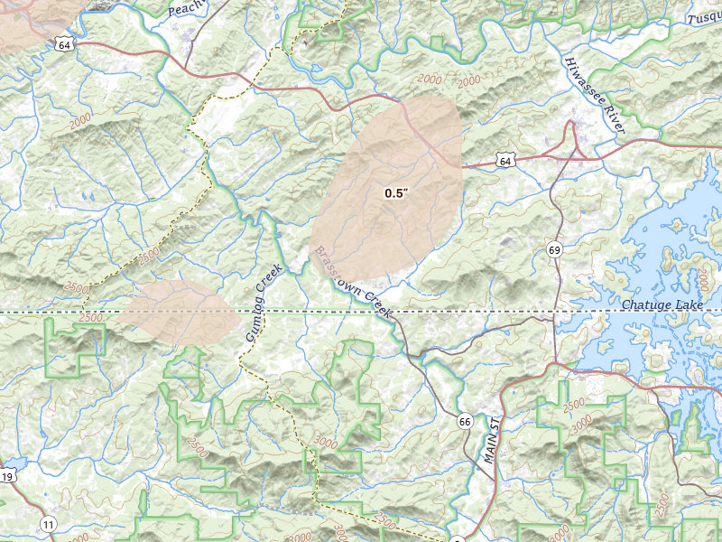 Radar-estimated hail-size map of the storm over Warne, NC on Jul 2, 2026