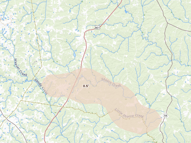 Radar-estimated hail-size map of the storm over Warrenton, NC on May 27, 2026