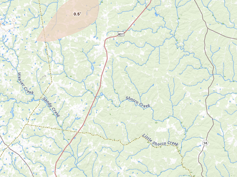 Radar-estimated hail-size map of the storm over Warrenton, NC on Jul 7, 2026